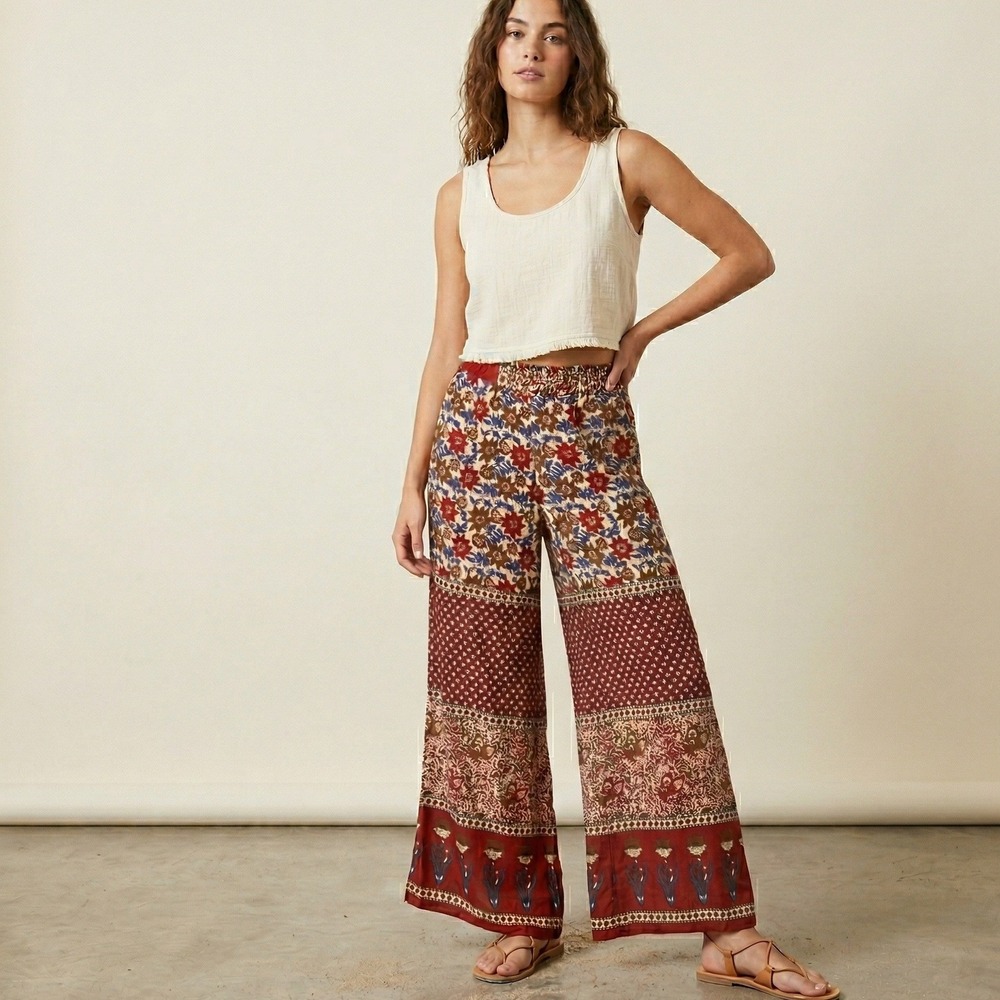RAGA Wide Leg Pants Floral Patchwork Boho Festival Palazzo Red XS Small Med NWT